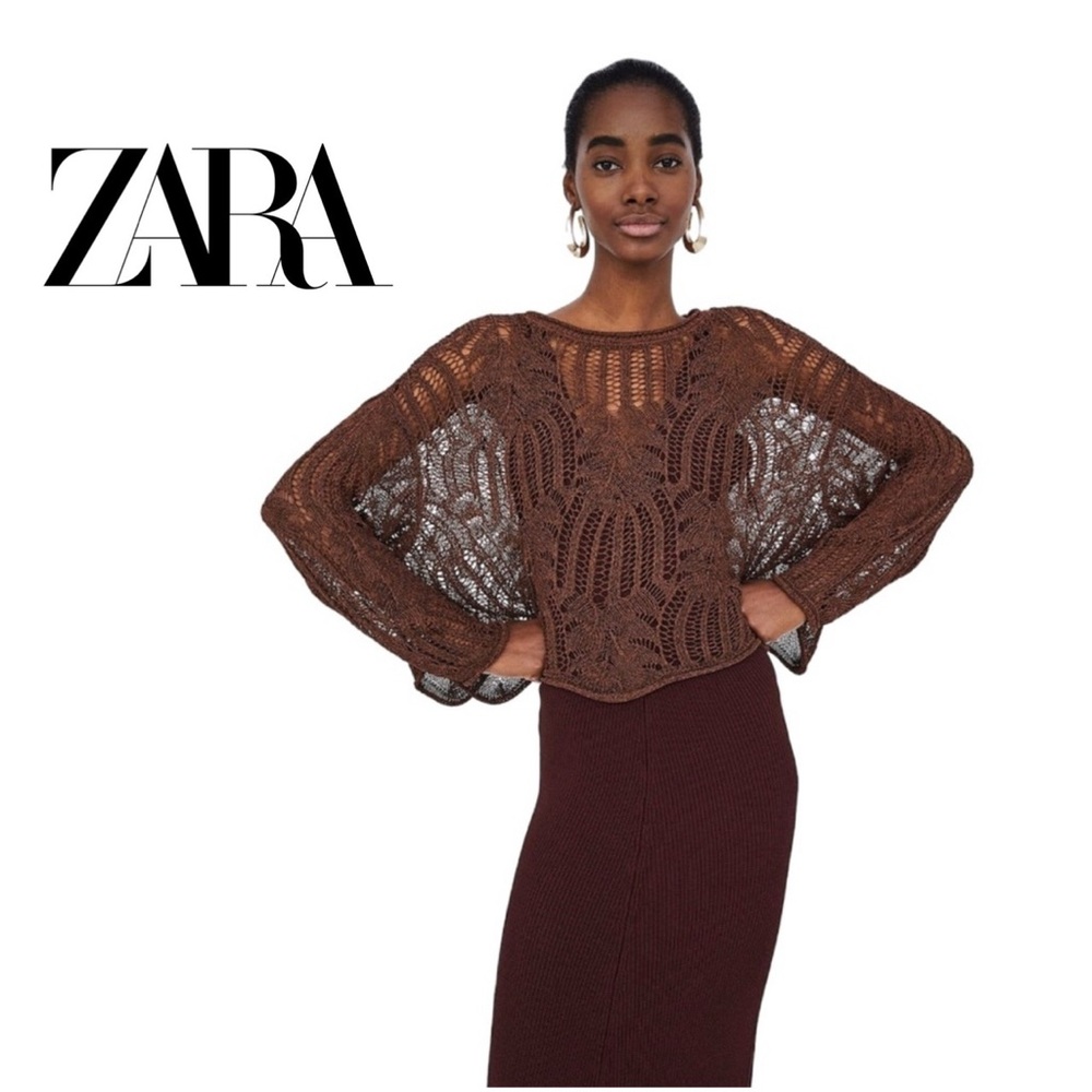 ZARA Women's Medium Knitwear Collection Brown Textured Weave Open Knit Cardigan